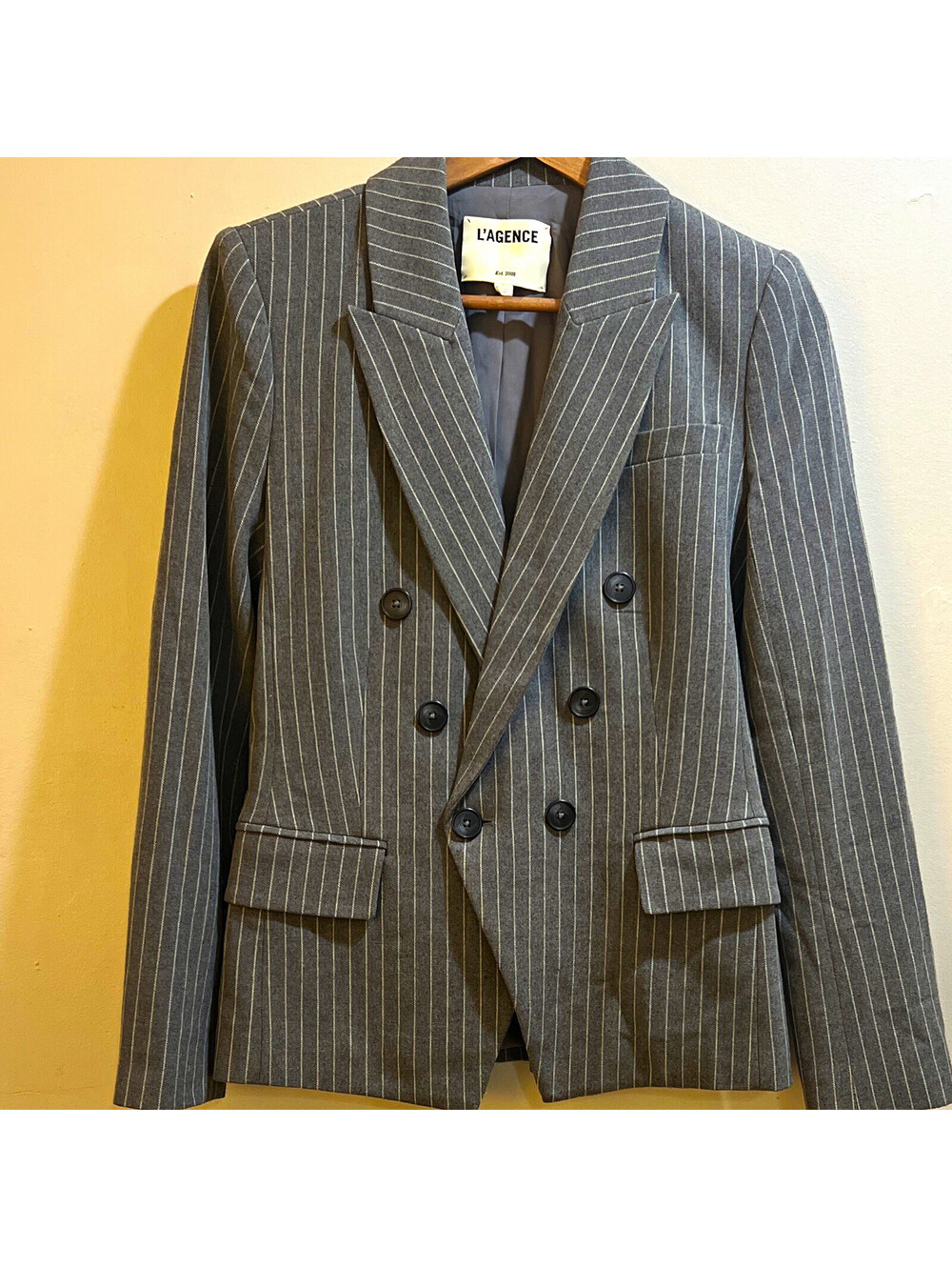 L'AGENCE Women's Gray Pinstripe Double-Breasted Blazer S Button Lined